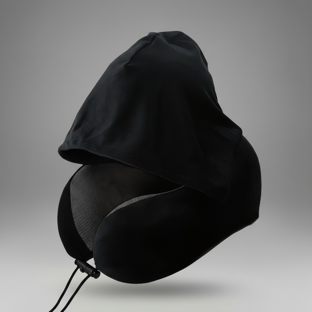 Almofada de viagem preta com fundo cinzento